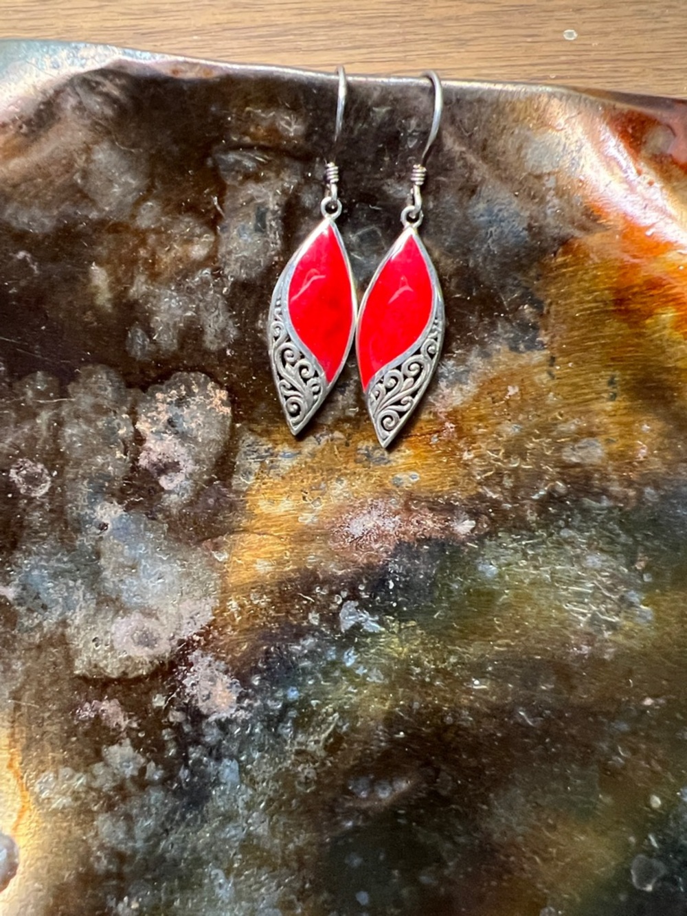 Red enameled sterling silver Teardrop Filigree Drop Earrings - Women Jewelry.